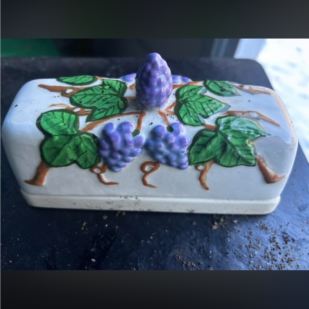 VintageCeramic Butter Dish with Grape Design